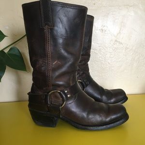 Frye boots. Square toe and harness detail